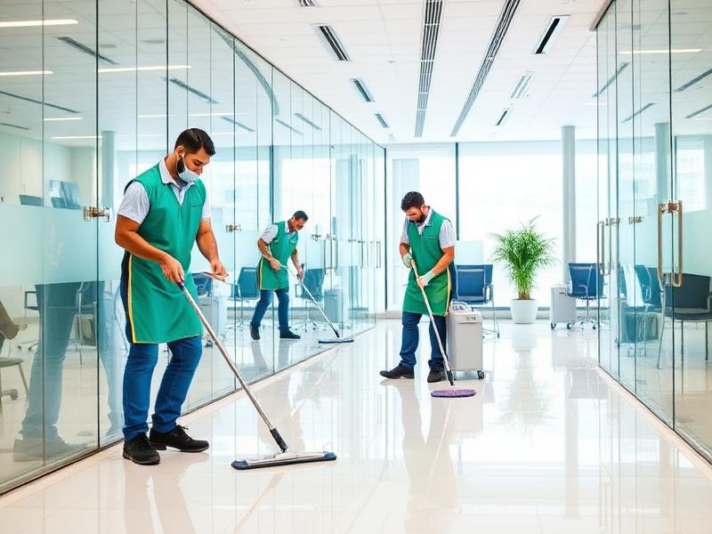 Janitorial team cleaning a modern office with glass walls
