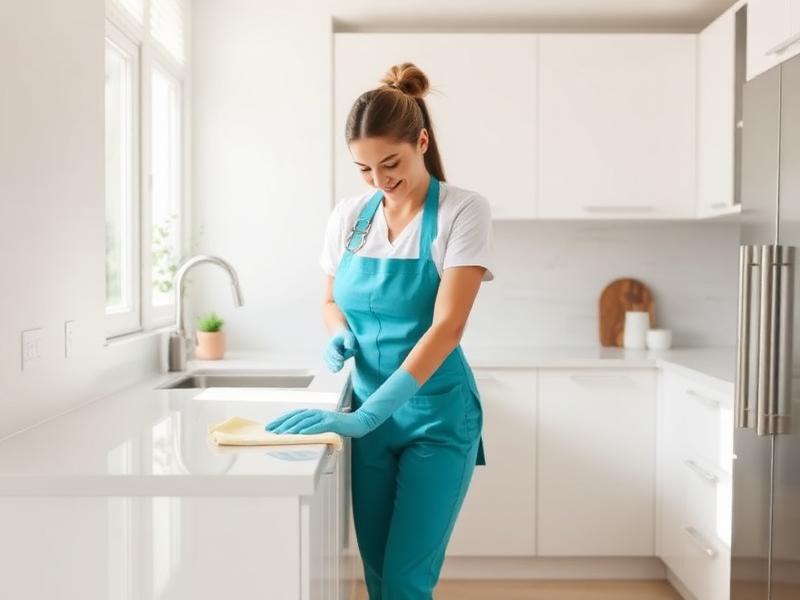 Professional cleaner wiping a bright white kitchen countertop